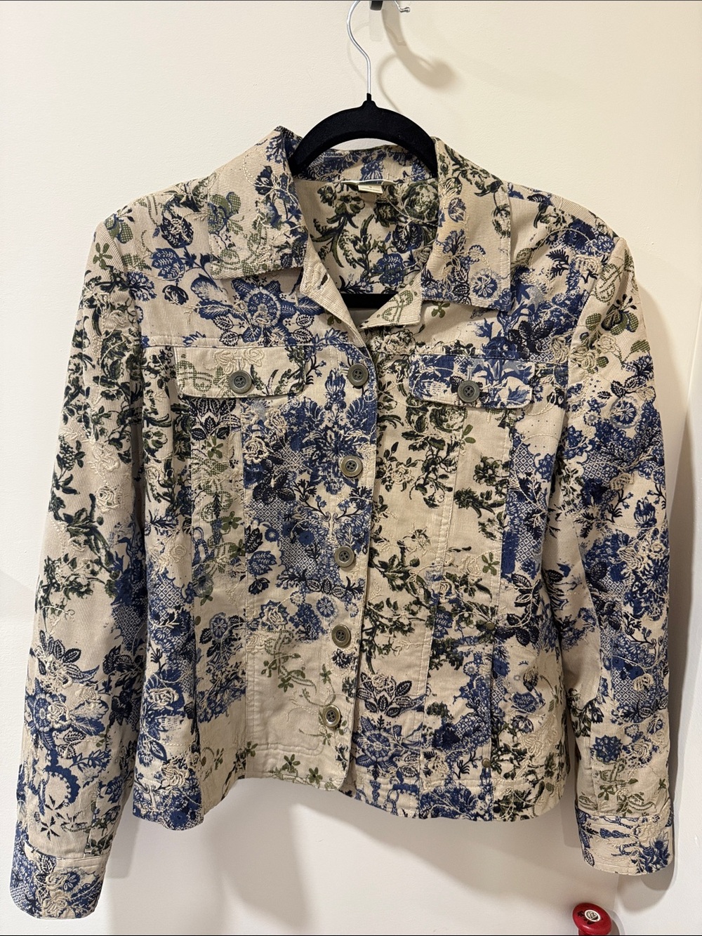 Christopher & Banks Beige Floral Jean Jacket with Blue & Green Print